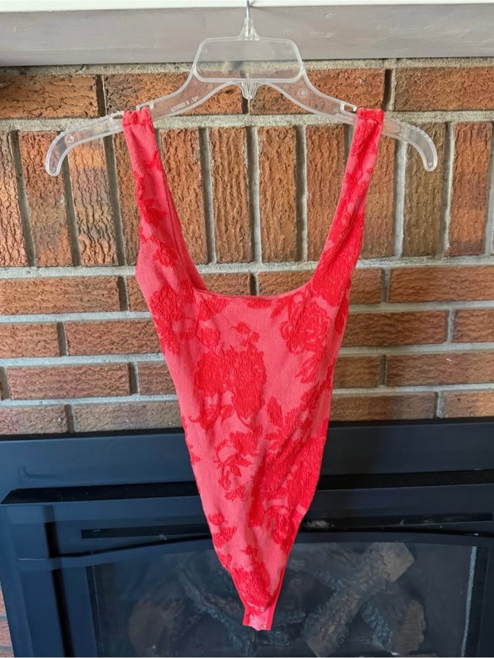 Free People Red Floral Textured Bodysuit